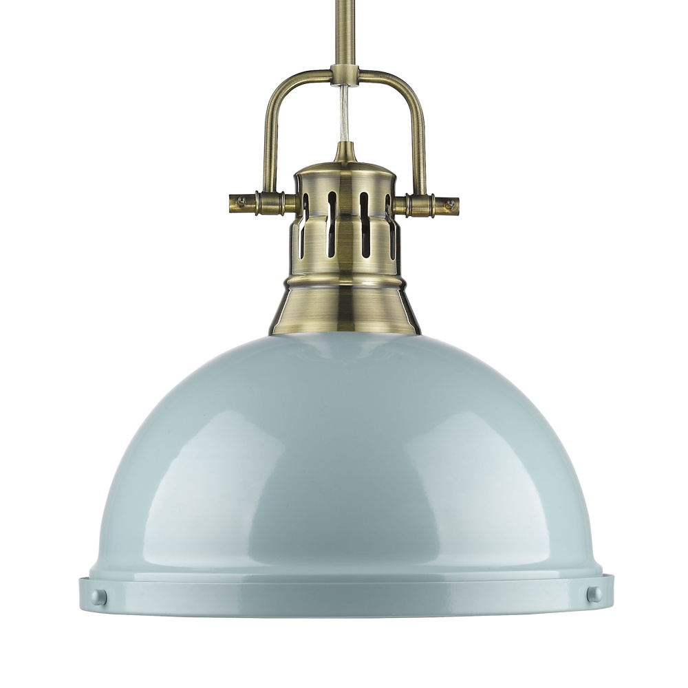 Yep by Golden Lighting Duncan 1-light 14in Rod Hung Pendant in Aged Brass and Seafoam shade